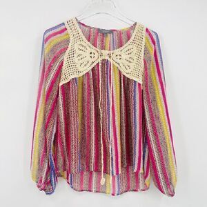 Umgee USA Size Small Striped Boho Crochet Long Sleeve Popover Blouse Top